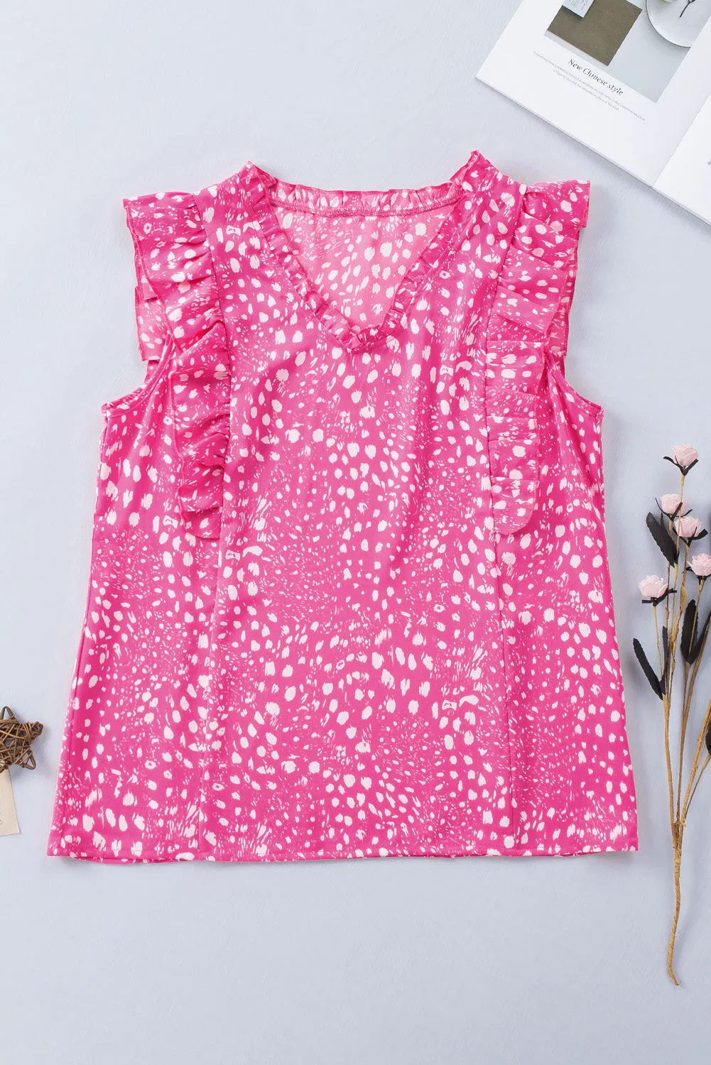 Printed V-Neck Butterfly Sleeve Tank Top