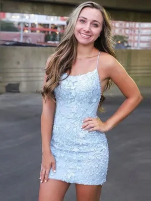 Short Light Blue Backless Lace Prom Dresses