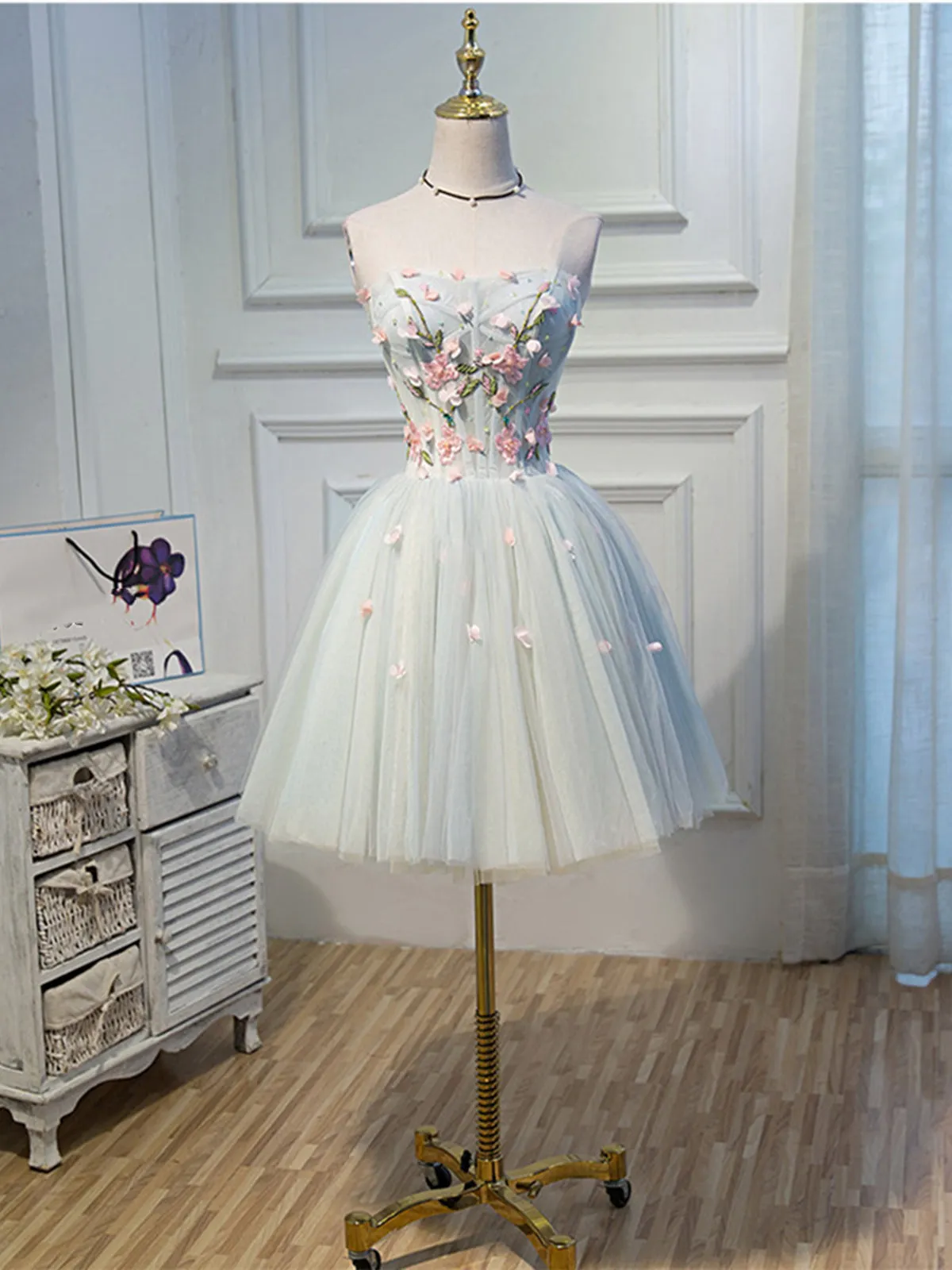 Short Light Green Tulle Prom Dresses, Short Tulle Floral Formal Homecoming Dresses