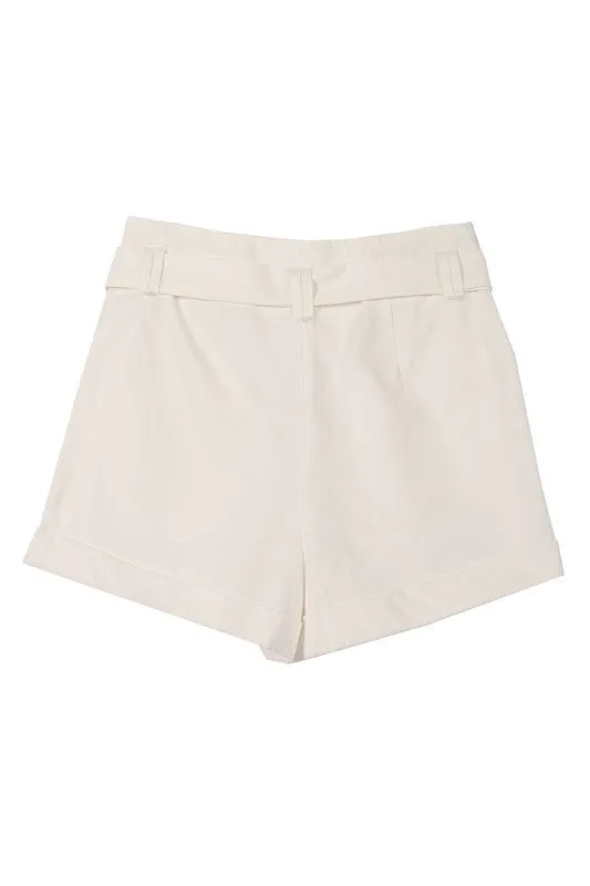 Solid High Waisted Wide Thigh Casual Belted Shorts