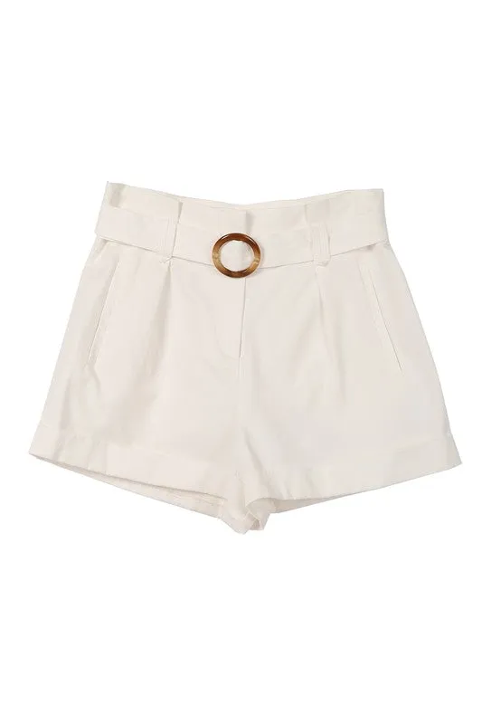 Solid High Waisted Wide Thigh Casual Belted Shorts