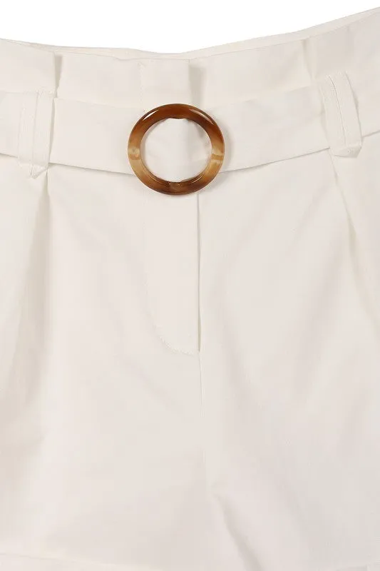 Solid High Waisted Wide Thigh Casual Belted Shorts