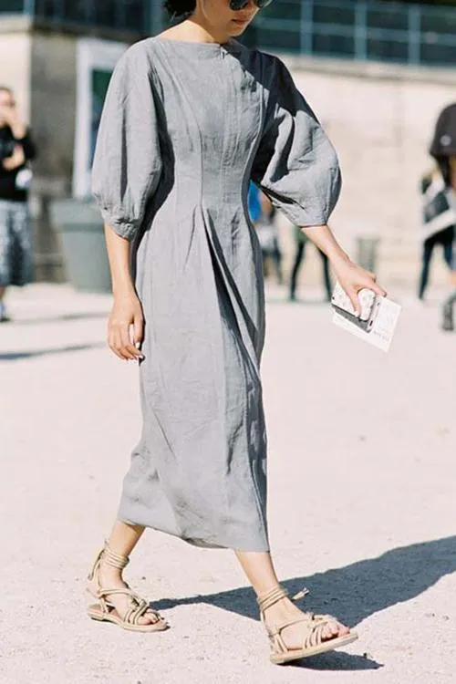 Solid Linen Half Sleeve Dress