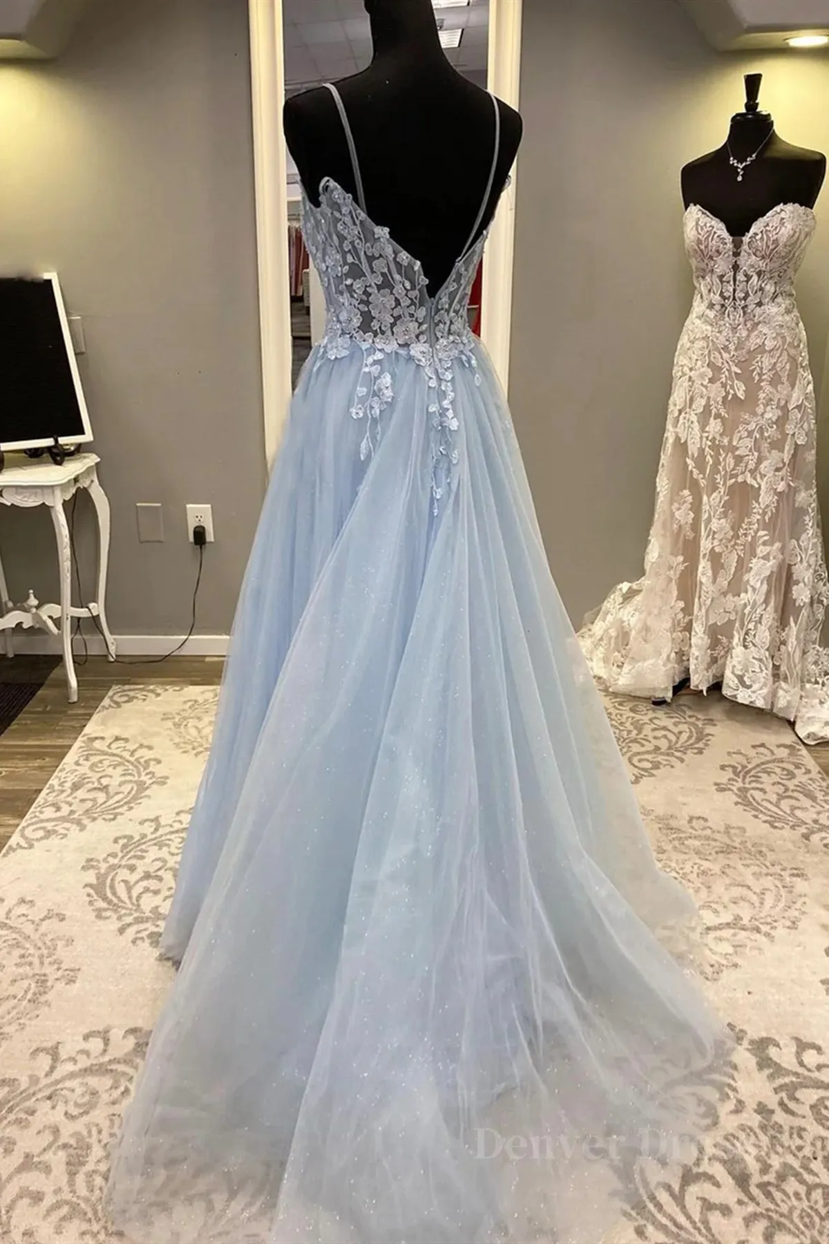 Spaghetti Straps Light Blue Lace Prom Dresses Light Blue Lace Formal Evening Dresses