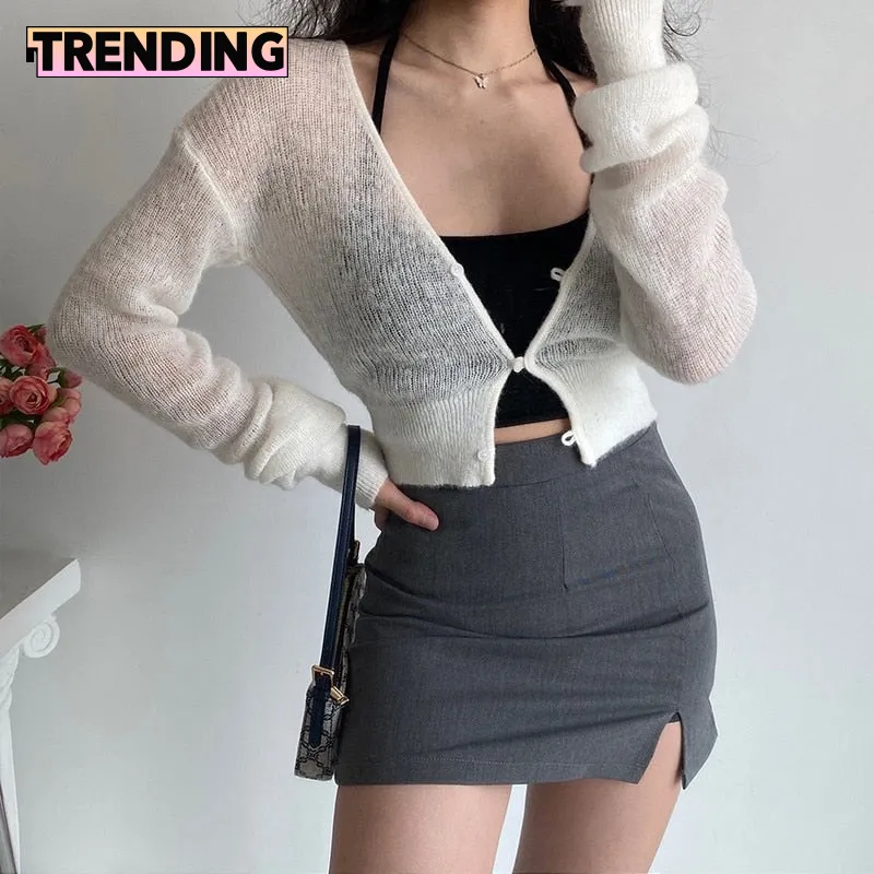 Trendy Cropped Long Sleeve Knitted Cardigan Sweater