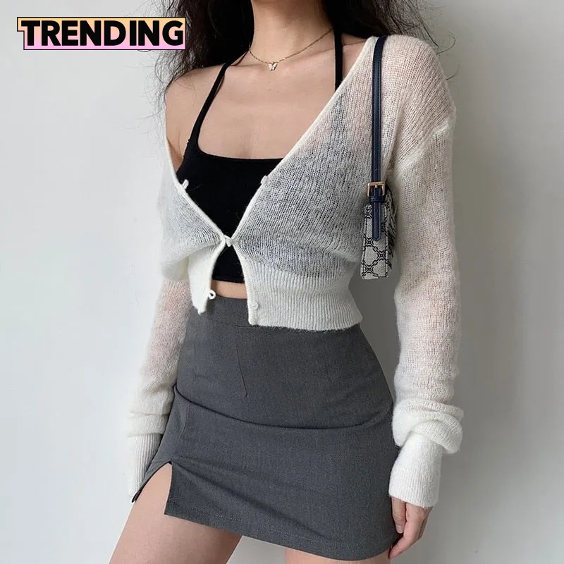 Trendy Cropped Long Sleeve Knitted Cardigan Sweater