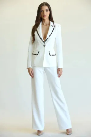 Two Piece Tailored Animal Print Contrast Pant Suit - White