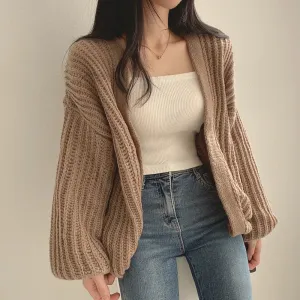 V-Neck Oversized Casual Solid Long Sleeve Lazy Elegant Holiday Y2K Streetwear Cardigan