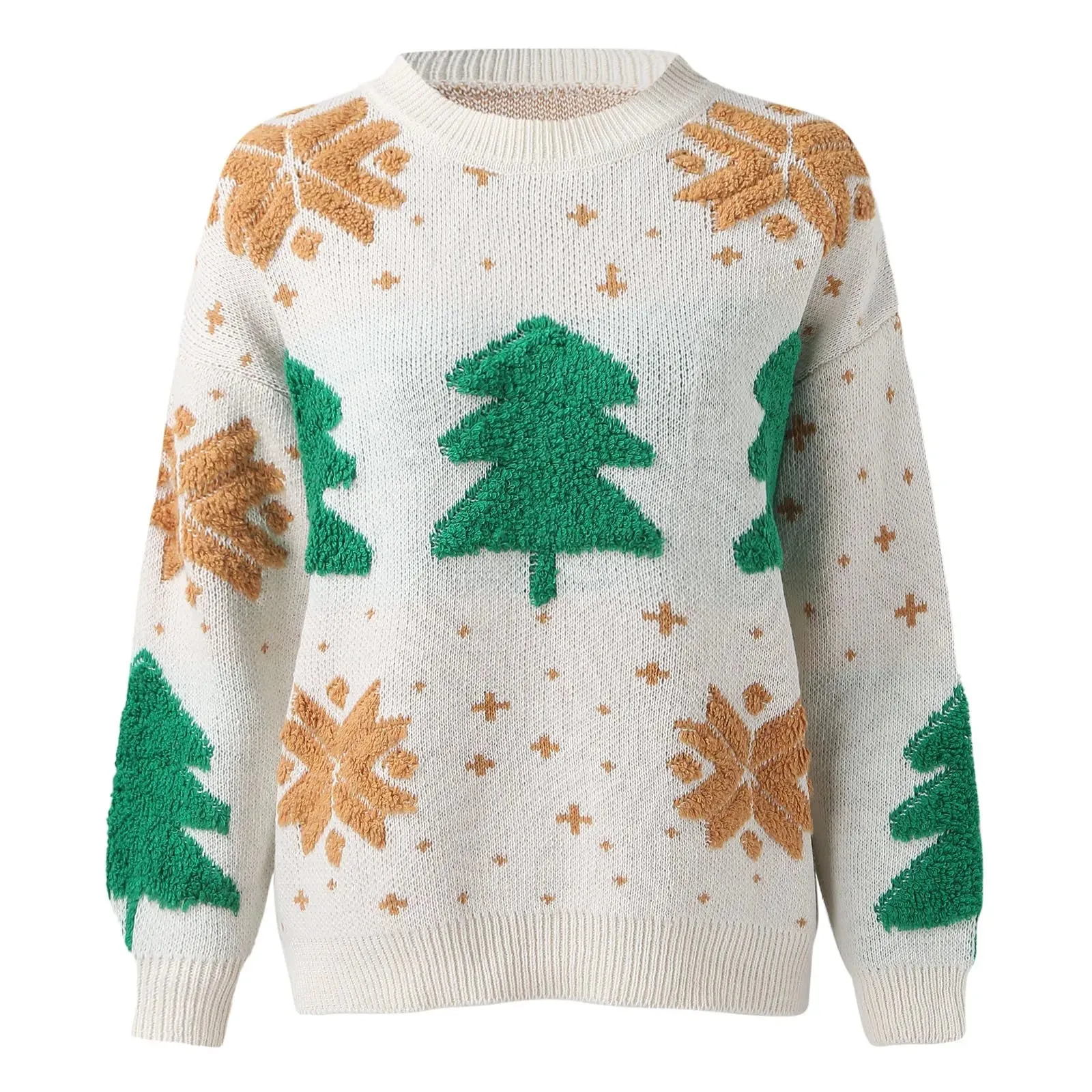 Wenkouban-Christmas Thanksgiving outfits_Christmas Tree Print Round Neck Long Sleeve Warm Knitwear Casual Christmas Sweater