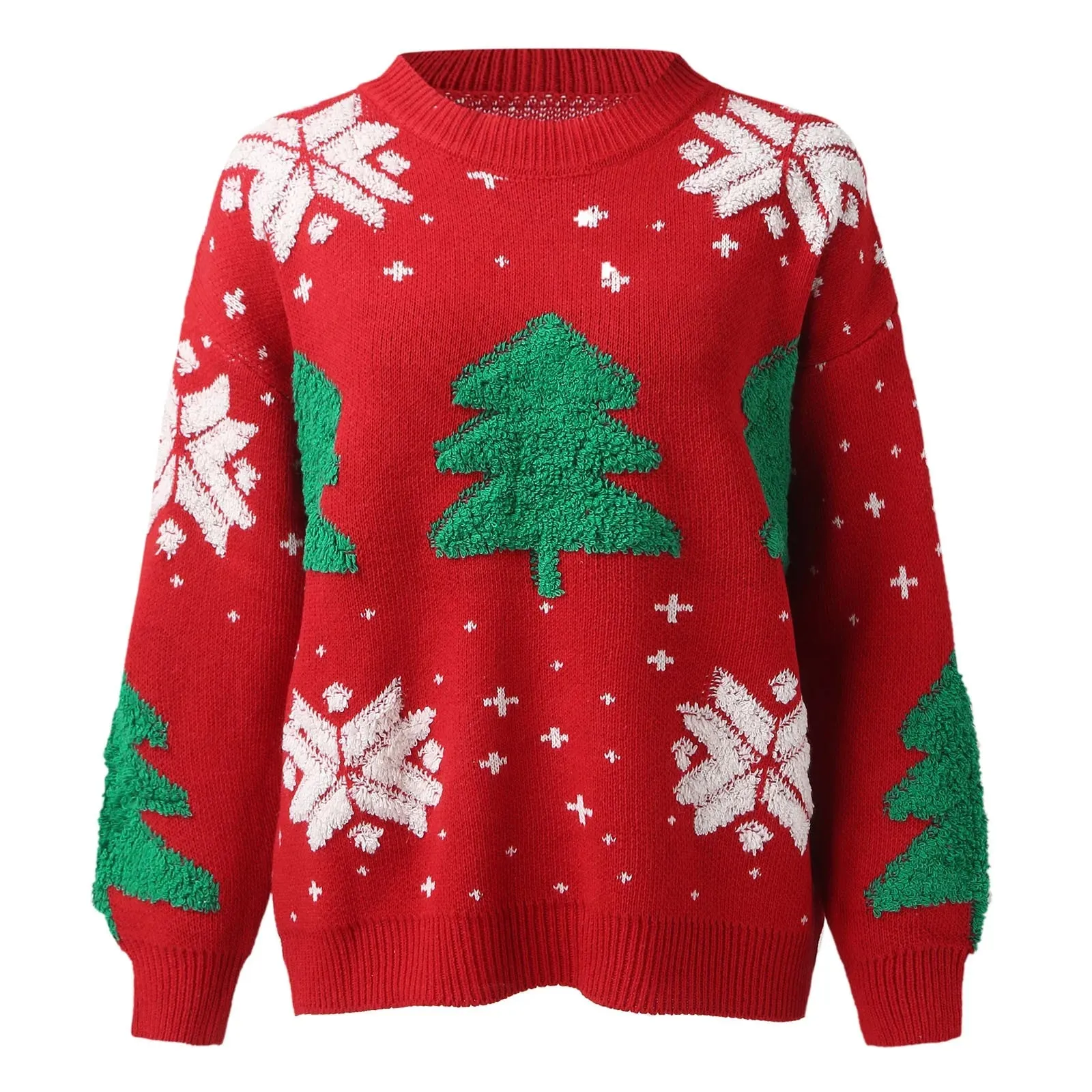 Wenkouban-Christmas Thanksgiving outfits_Christmas Tree Print Round Neck Long Sleeve Warm Knitwear Casual Christmas Sweater