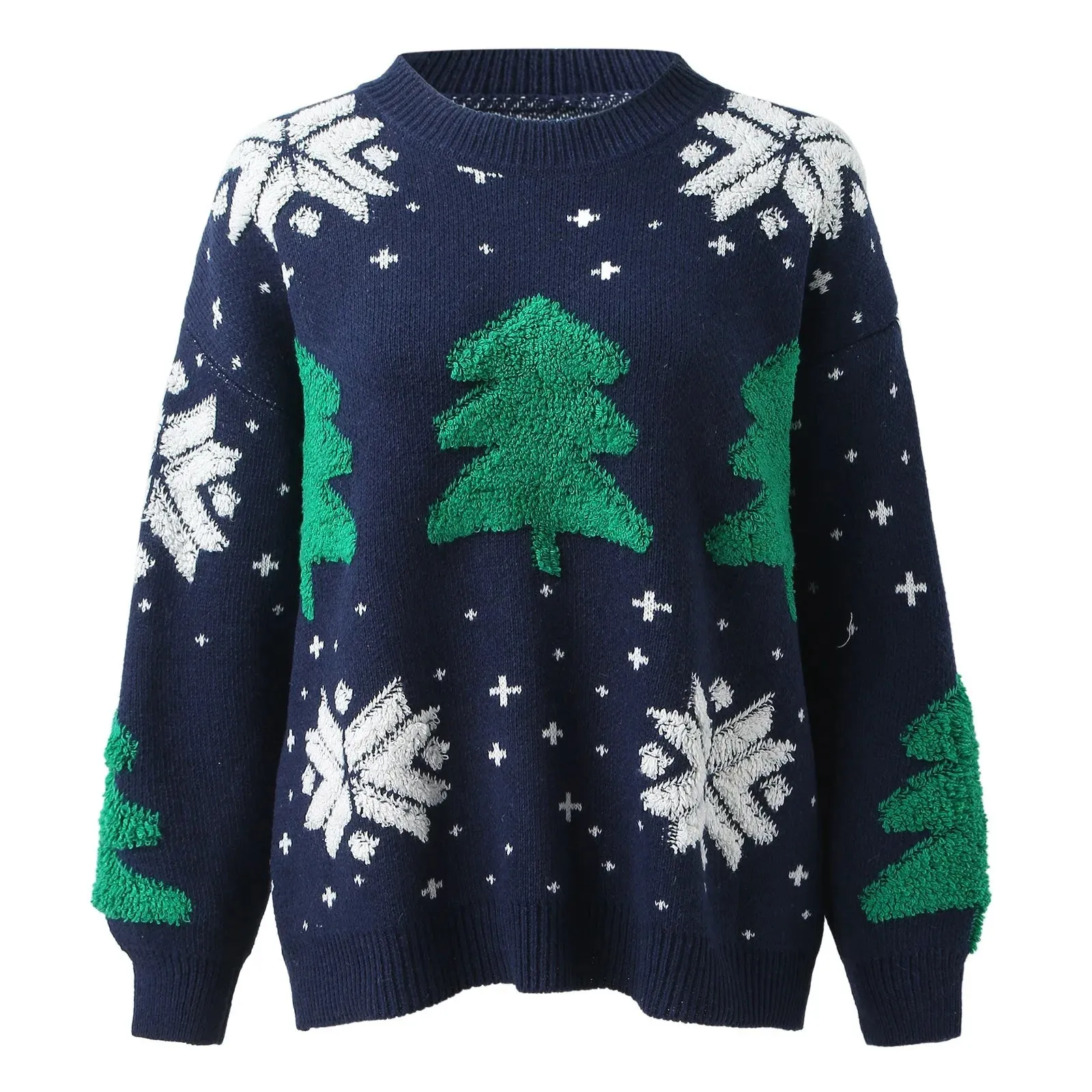 Wenkouban-Christmas Thanksgiving outfits_Christmas Tree Print Round Neck Long Sleeve Warm Knitwear Casual Christmas Sweater