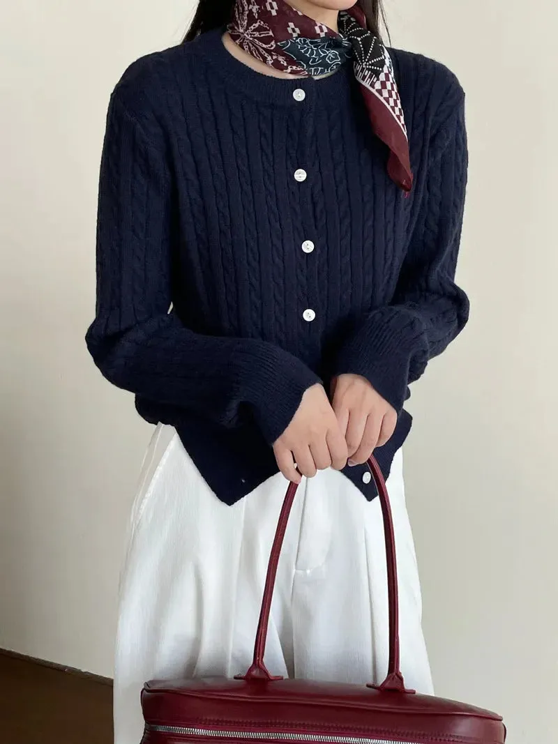 Wenkouban-Christmas Thanksgiving outfits_Navy Blue Cable Knit Cartoon Embroidered Trendy Cardigan Christmas Sweater