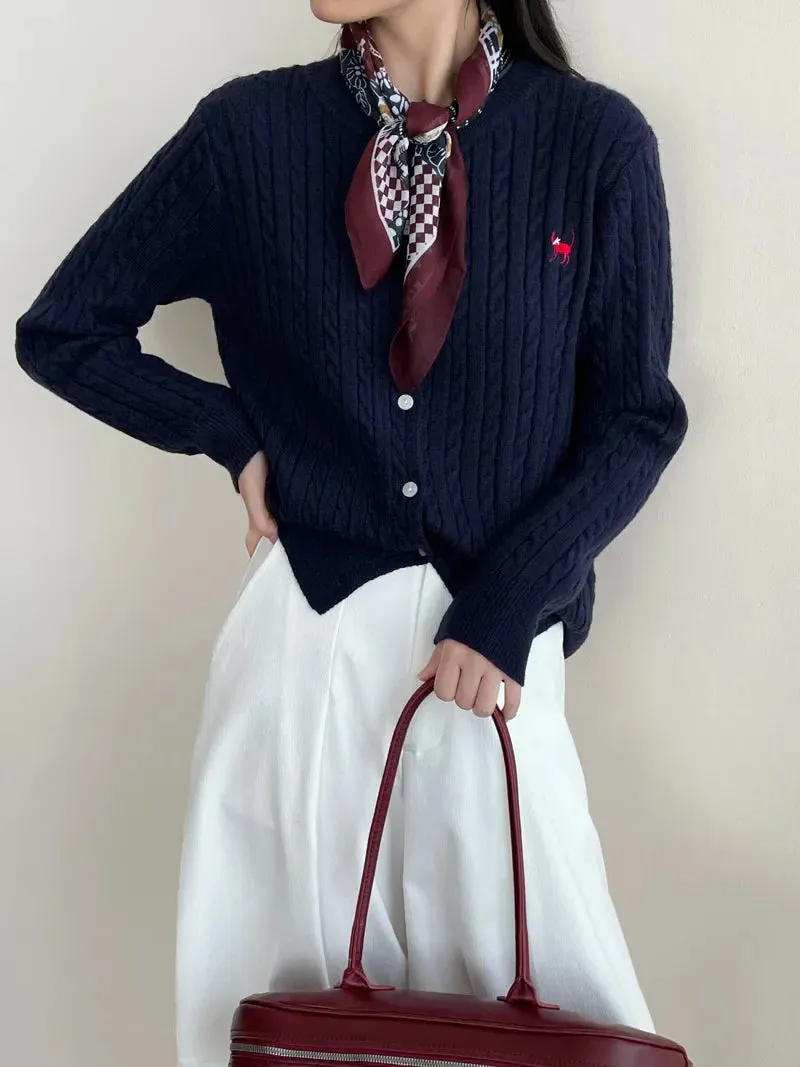 Wenkouban-Christmas Thanksgiving outfits_Navy Blue Cable Knit Cartoon Embroidered Trendy Cardigan Christmas Sweater