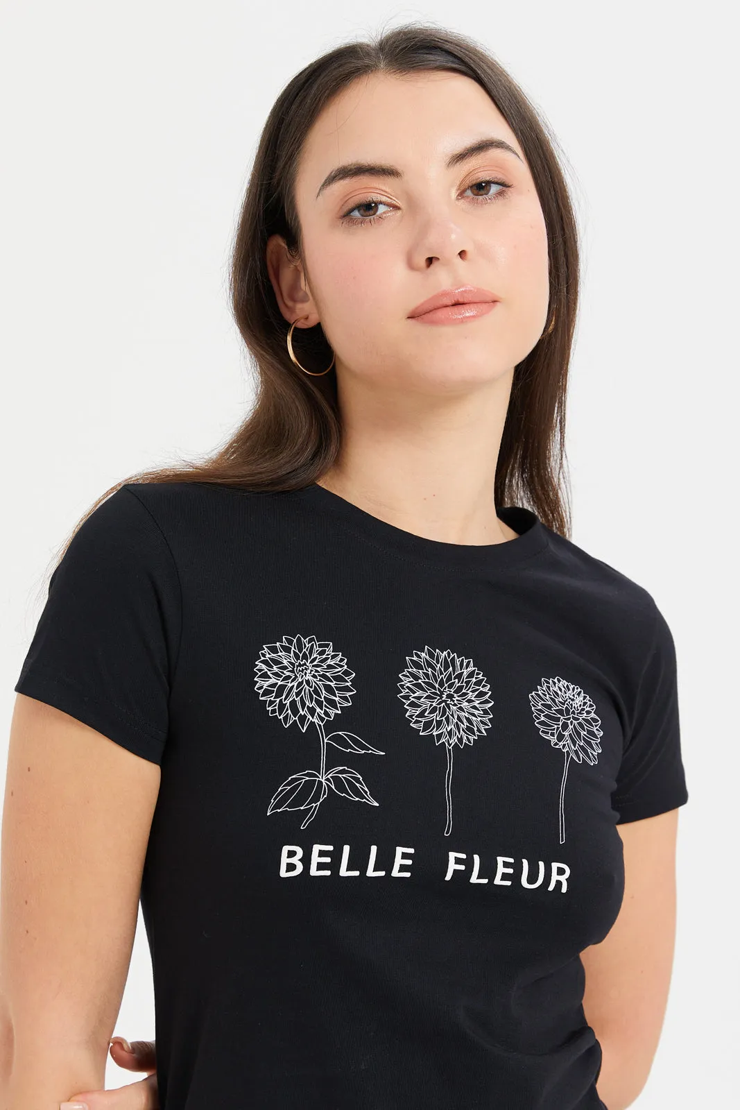 Women Black Flower Printed T-Shirt