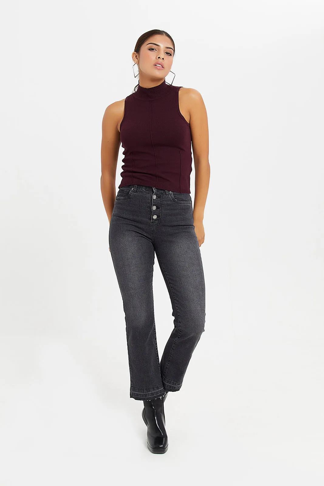 Women Burgundy Detailed Sleeveless Top