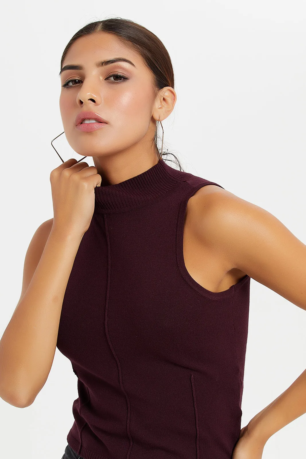 Women Burgundy Detailed Sleeveless Top