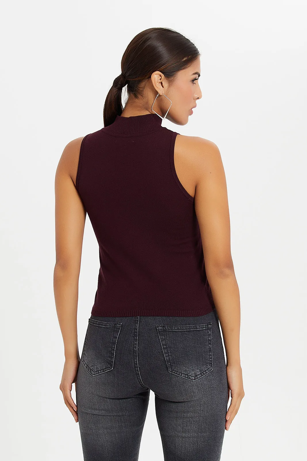 Women Burgundy Detailed Sleeveless Top