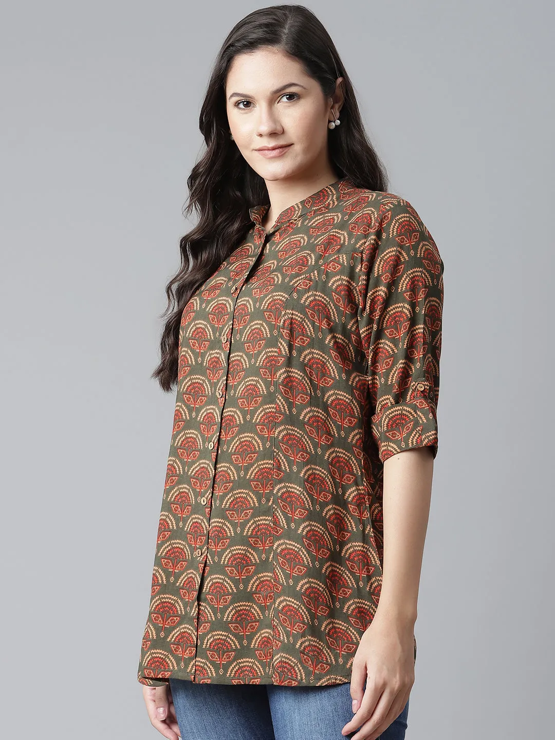 Women'S Green Rayon Printed  Top